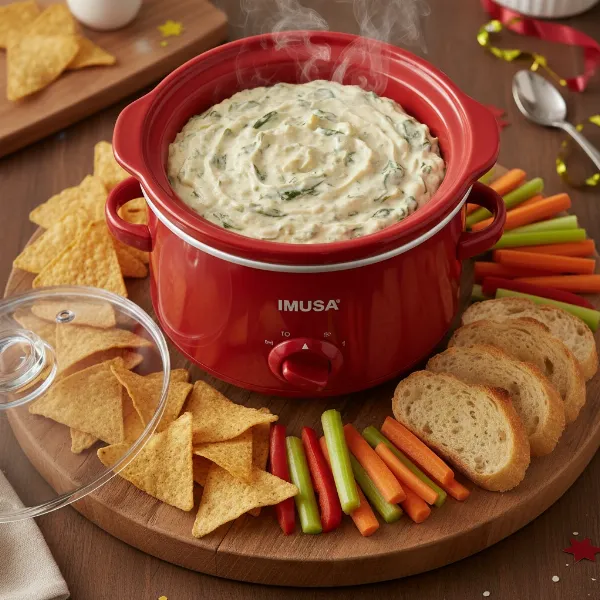 IMUSA 1.5 quart slow cooker with a creamy warm dip, perfect for a party appetizer spread.