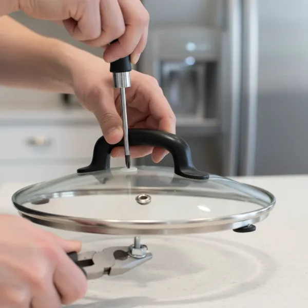 Hands attaching a new handle to a slow cooker lid with a screw and washers.