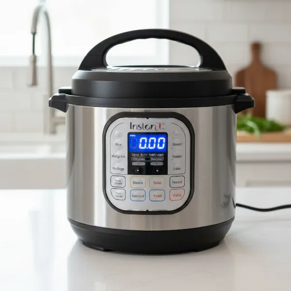 Instant Pot Gem 6 Quart 8-in-1 multicooker placed on a modern kitchen countertop with its control panel visible.
