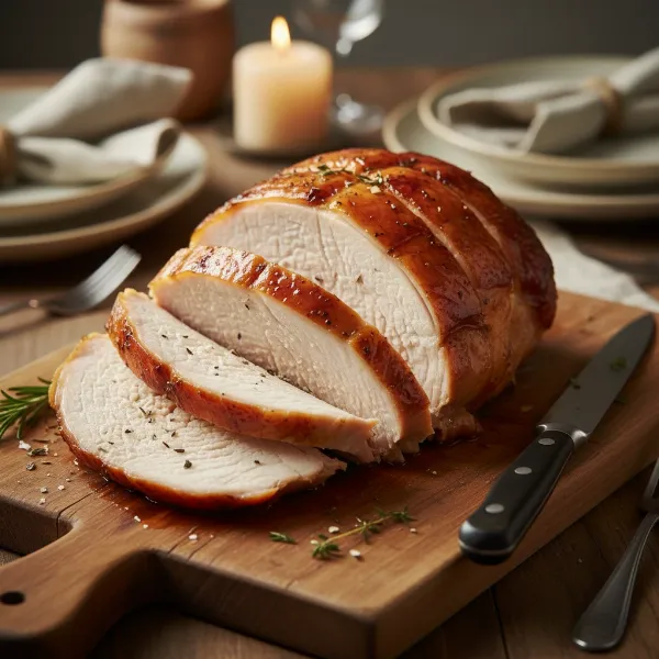 A perfectly cooked, juicy slow cooker turkey breast, sliced and ready to serve, showing its tenderness.