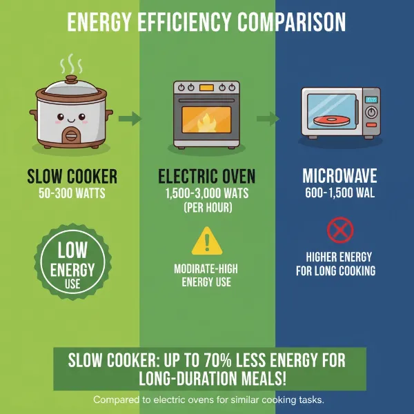 Infographic comparing the energy efficiency of various common kitchen cooking appliances.