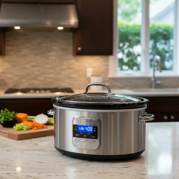 sleek KitchenAid oval slow cooker on modern kitchen countertop with digital display