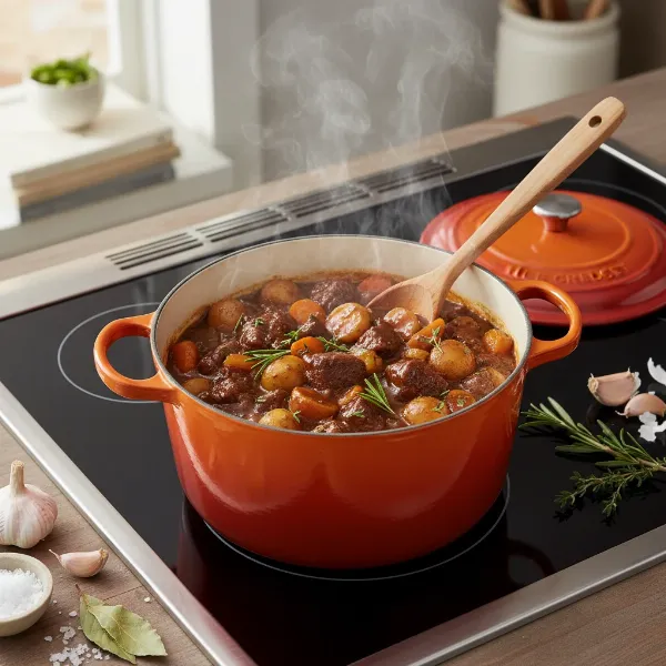 enameled cast iron Le Creuset Dutch oven simmering a stew on a stovetop