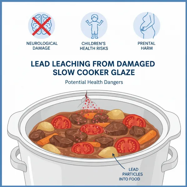 Diagram showing lead leaching from a chipped ceramic slow cooker into food, with symbols of health risks.