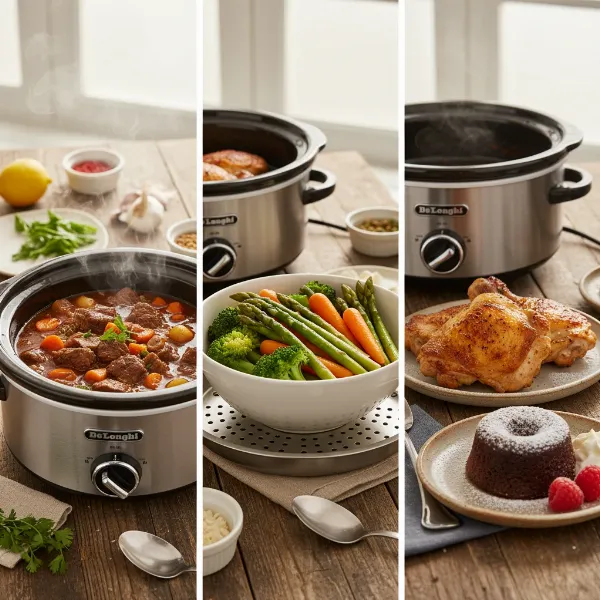 Various dishes cooked in the De'Longhi Livenza, demonstrating its multi-cooking capabilities from slow cook to steam.