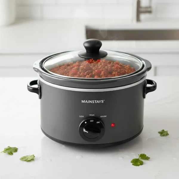 Mainstays 2-Quart slow cooker on a kitchen counter, ideal for small meals.