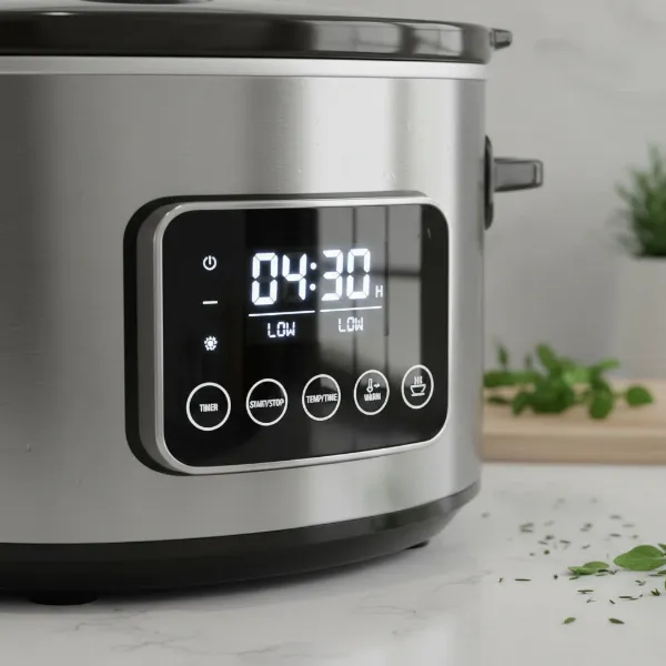 A modern digital slow cooker featuring an electronic display and programmable buttons for precise control.