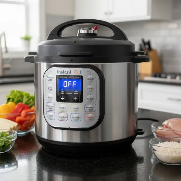 A modern Instant Pot multi-cooker showcasing its digital display and various function buttons.