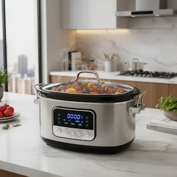 sleek, modern programmable Crock-Pot with a digital display and locking lid, showing cooked meal inside