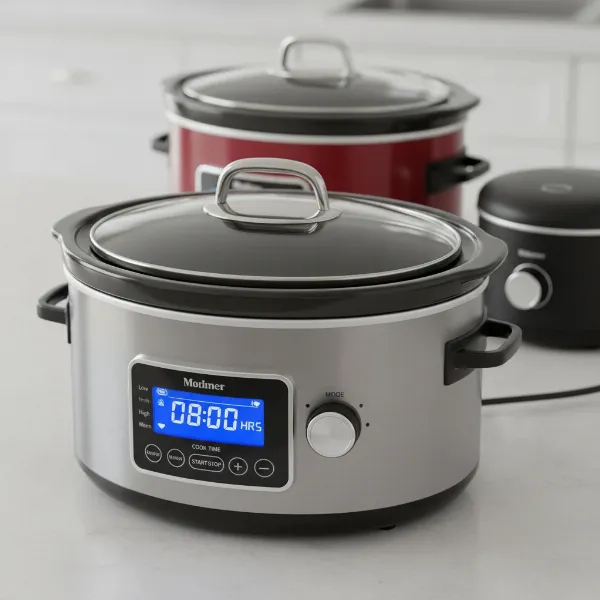 A modern slow cooker showing digital controls, various shapes, and different pot materials.