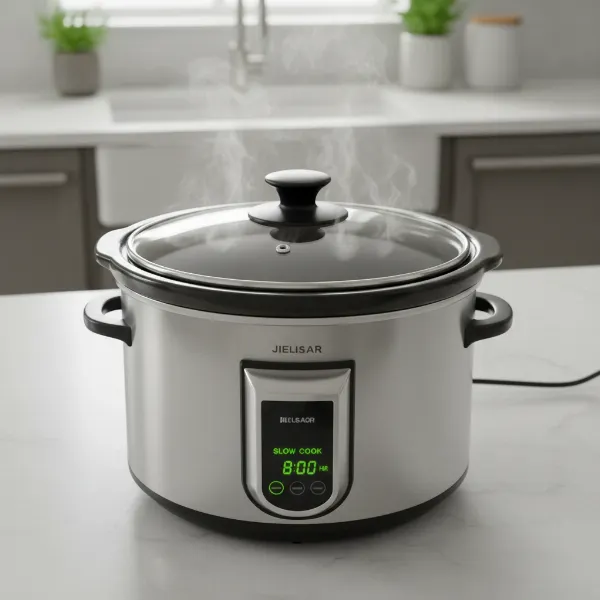 A modern slow cooker with a transparent lid, showing steam and food cooking inside, illustrating its safety features.