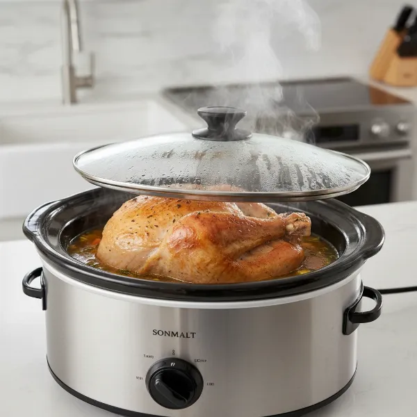 A modern slow cooker with a turkey breast cooking inside, keeping it moist and tender.