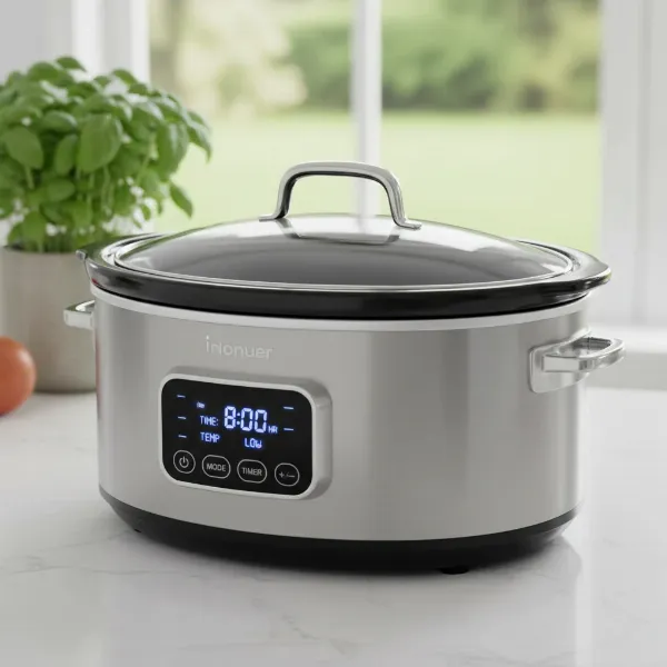 A sleek, modern smart slow cooker with digital controls sits on a clean kitchen counter.