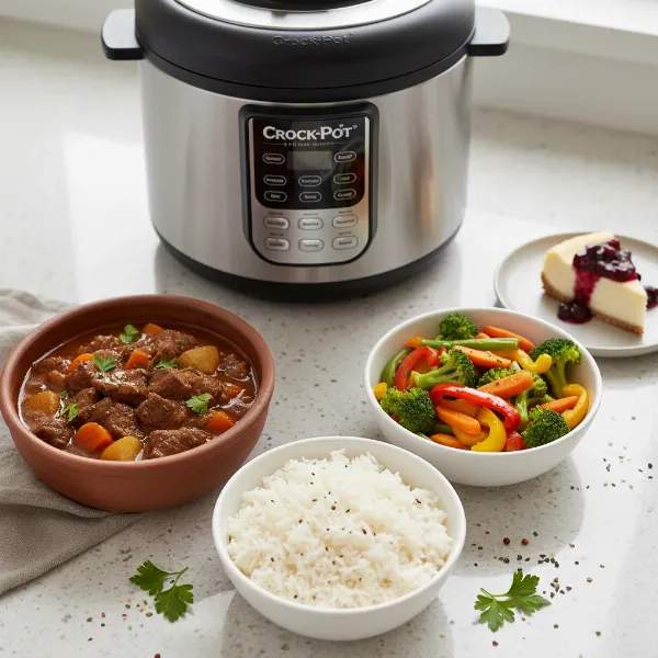 A spread of diverse meals, including stew, rice, and steamed vegetables, prepared using a multi-cooker.