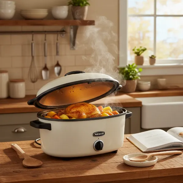 Nesco 6-Quart Roaster Oven cooking a versatile meal, showcasing multi-functional use.