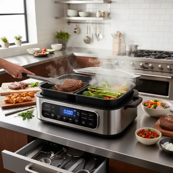 The Ninja Foodi PossibleCooker Pro performing multiple cooking functions like searing meat and steaming vegetables simultaneously.