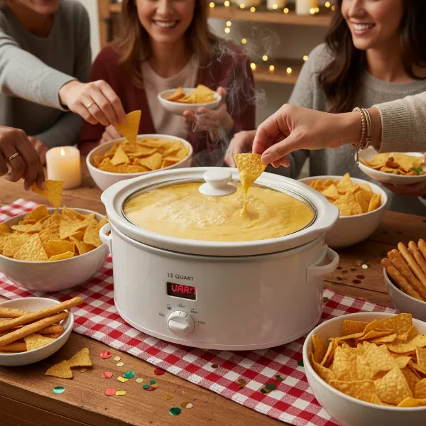 A small slow cooker filled with a creamy cheese dip, keeping it warm and ready to serve at a party.