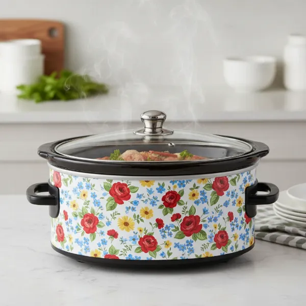 Pioneer Woman 6-quart portable slow cooker with vibrant floral design on kitchen counter