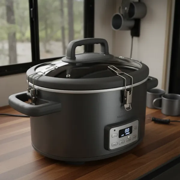 Portable slow cooker with secure locking lid and sturdy handles, ready for RV travel.