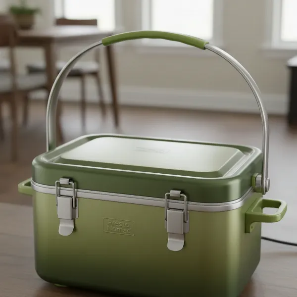 Presto Nomad slow cooker with swing-up handle and secure locking lid, ready for transport.