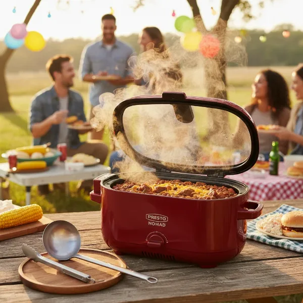 Presto Nomad slow cooker serving hot chili at a vibrant outdoor picnic or tailgate party.