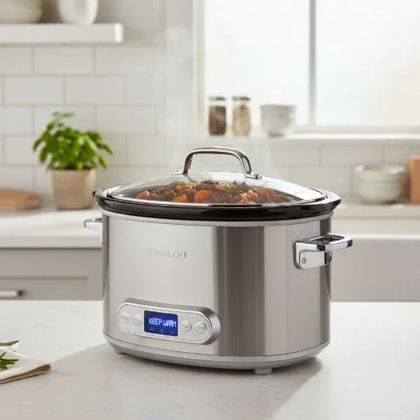 A modern programmable slow cooker with a digital display, illustrating the auto-keep warm function in action.