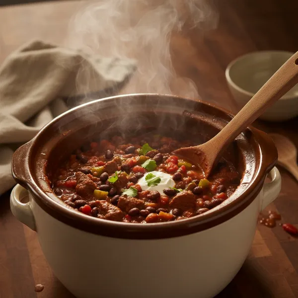 A delicious, fully cooked meal in a slow cooker, ready to serve, representing the convenience of long-duration cooking.