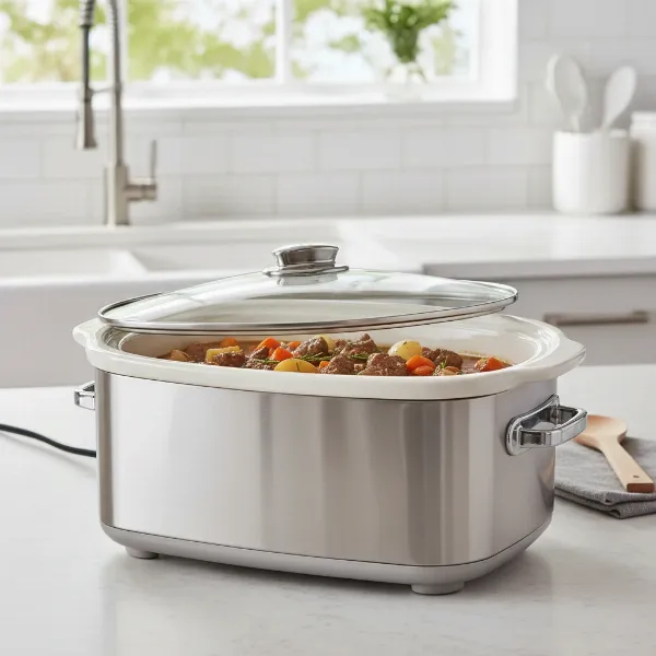 Rectangular casserole slow cooker with a removable insert, illustrating its wide, shallow design