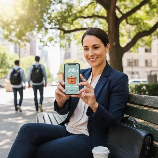 A person remotely managing a slow cooker using a smartphone app from a non-kitchen setting.