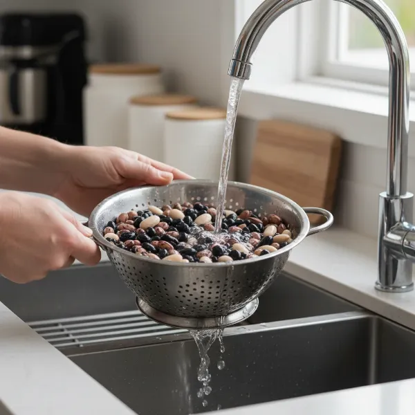 Hands rinsing dried beans in a colander under cold running water before slow cooking.
