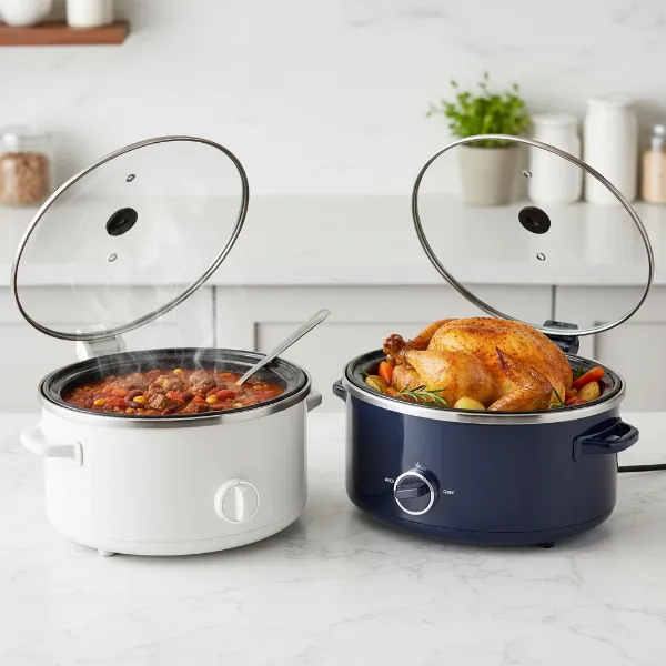 A visual comparison of round and oval slow cookers with typical foods they accommodate.