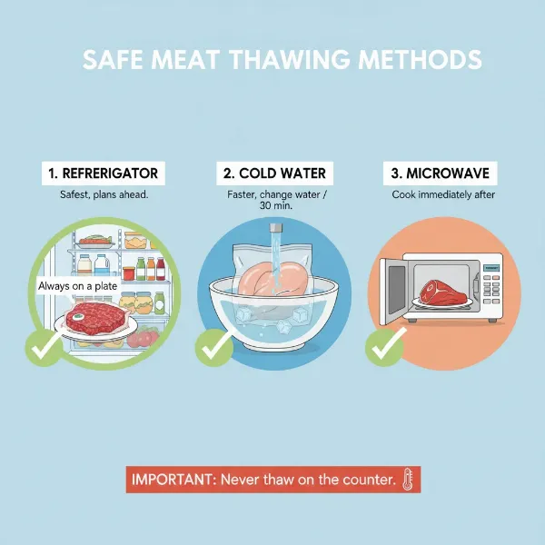 Various methods for safely thawing frozen meat, including refrigerator, cold water, and microwave.