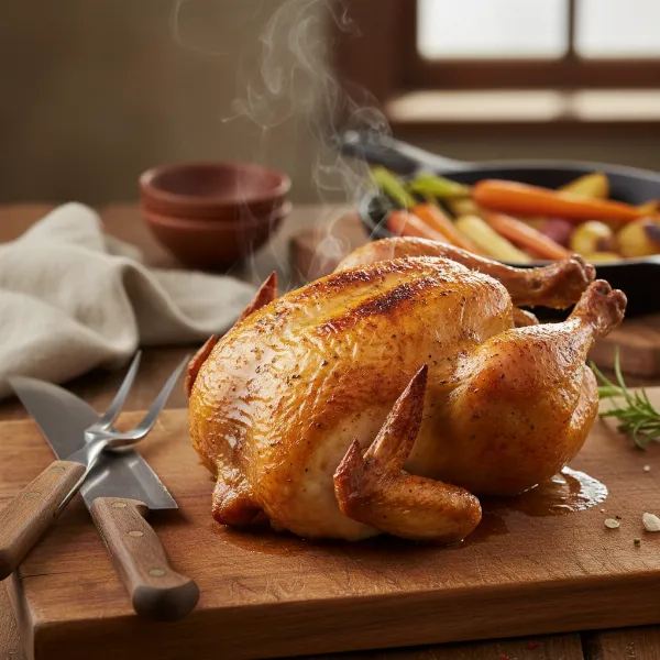 Perfectly slow-cooked whole chicken with golden crispy skin, resting on a cutting board.