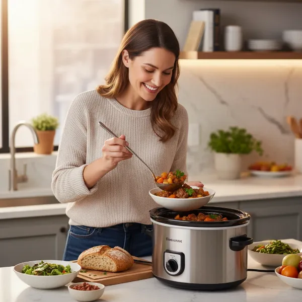 Woman happily serving a healthy meal from a slow cooker, illustrating convenience and healthy eating.