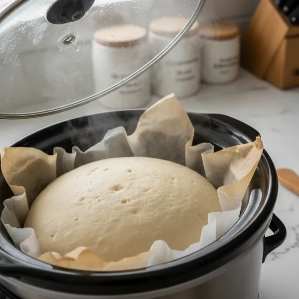 Bread dough rising and baking inside a slow cooker with the lid slightly ajar showing steam