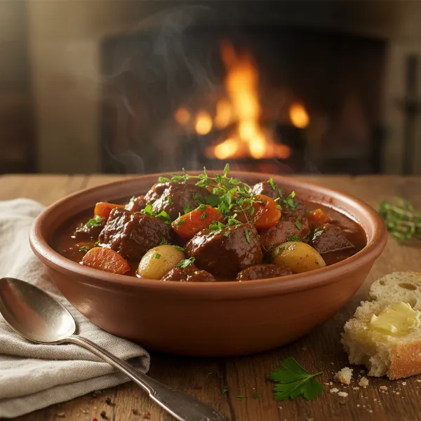 A delicious, hearty slow-cooked meal, like pulled pork or beef stew, ready to serve.