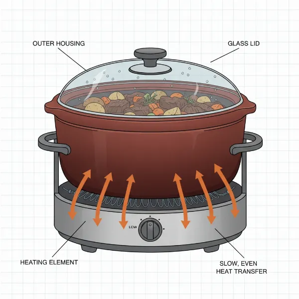 Anatomy of a slow cooker showing its heating base, removable pot, and lid.
