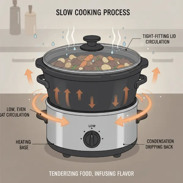 Illustration of a slow cooker with base, insert, and lid, showing heat circulation and steam.