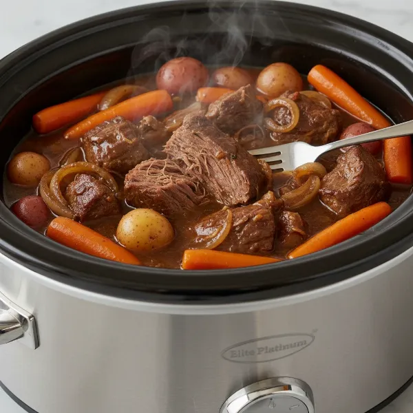 A hearty, fully cooked pot roast with vegetables served directly from a large slow cooker, showcasing its generous capacity.