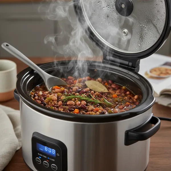 An electric slow cooker gently simmering dried beans to a tender, flavorful consistency.