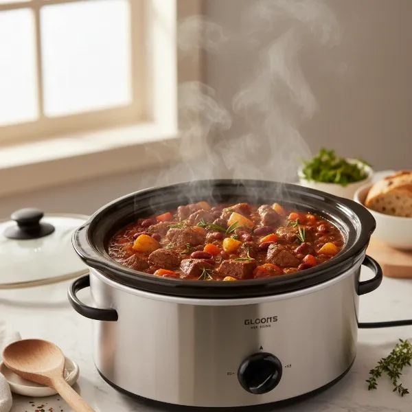 A slow cooker filled with a delicious, hearty stew, cooking slowly, representing convenience and flavor