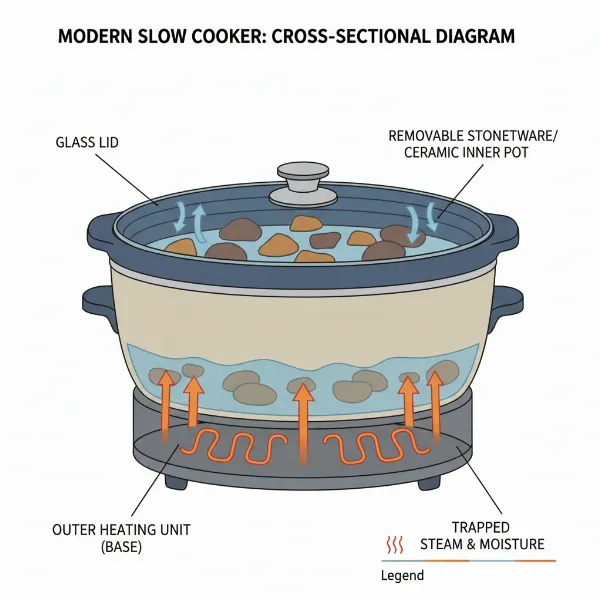 Diagram showing internal components of a slow cooker with heating element, stoneware pot, and lid.