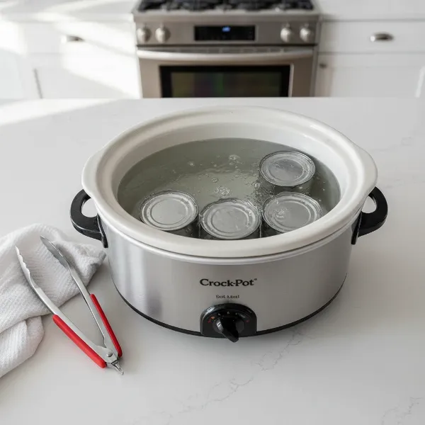 Sweetened condensed milk cans and slow cooker ready for making homemade dulce de leche.
