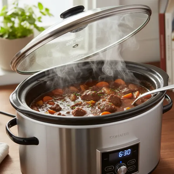 A close-up view of food gently simmering inside a modern slow cooker.