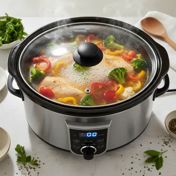 Slow cooker on high setting, quickly cooking chicken and tender vegetables.