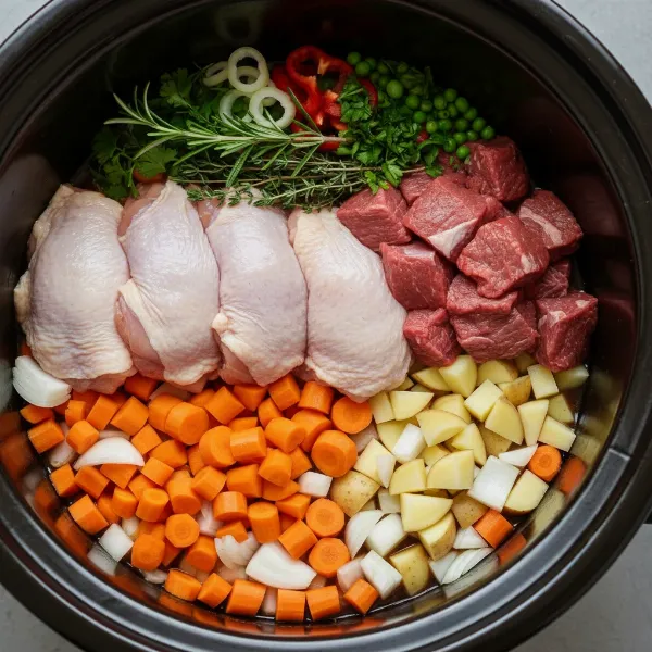 Proper layering of ingredients in a slow cooker: root vegetables at bottom, meat in middle, delicate items on top.