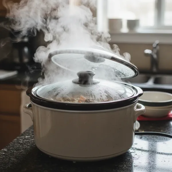 Steam escaping from a slow cooker lid, illustrating heat loss during cooking and impacting cook time and texture.