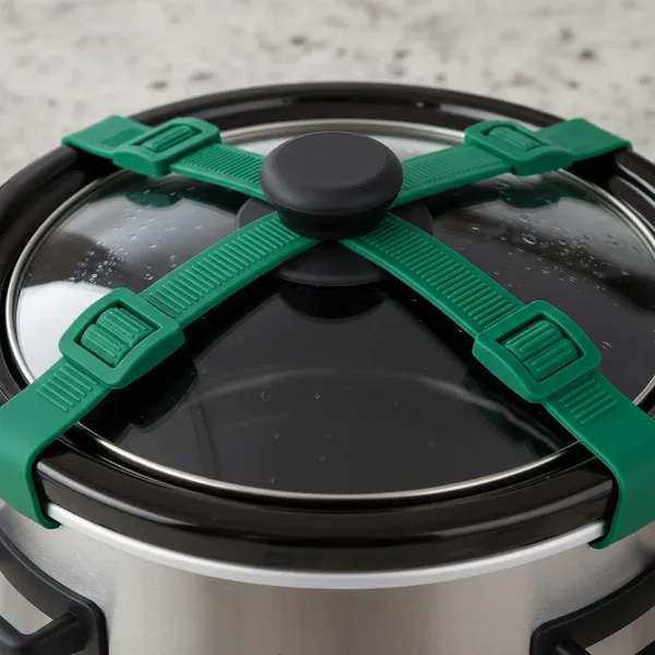 Slow cooker lid secured with adjustable silicone straps preventing spills during transport.