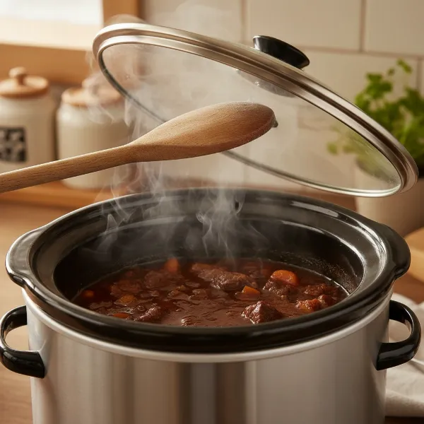 A slow cooker with its lid propped open slightly, allowing steam to escape for sauce reduction.