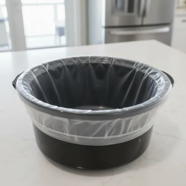 a transparent slow cooker liner inside a ceramic pot, ready for ingredients